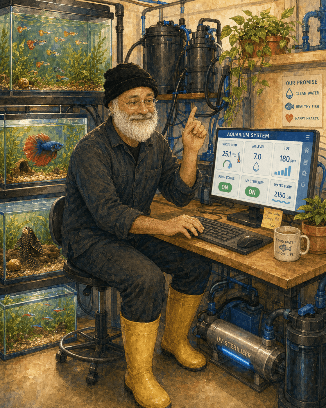 Yechiel Kuperman at the computer managing the Fishery Farm