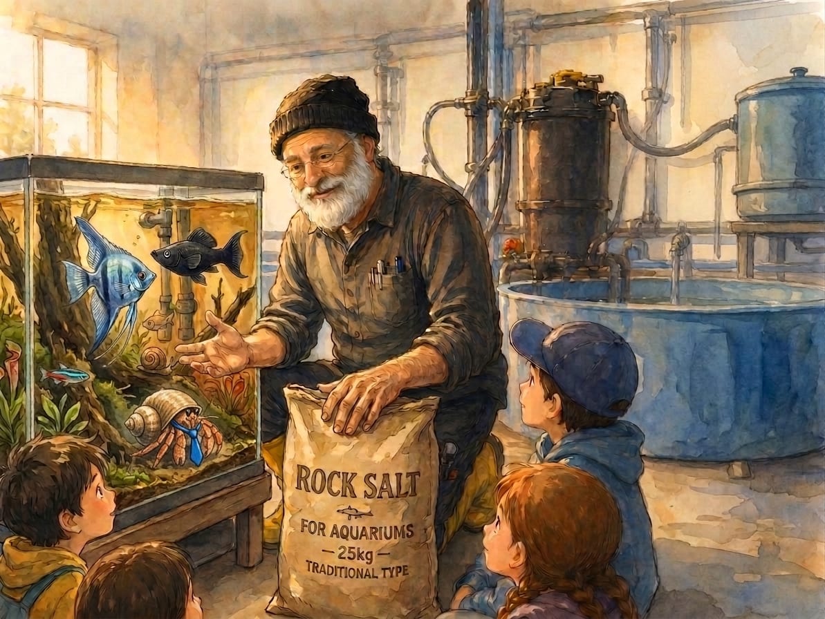 Yechiel showing children rock salt for aquariums at the Fishery Farm